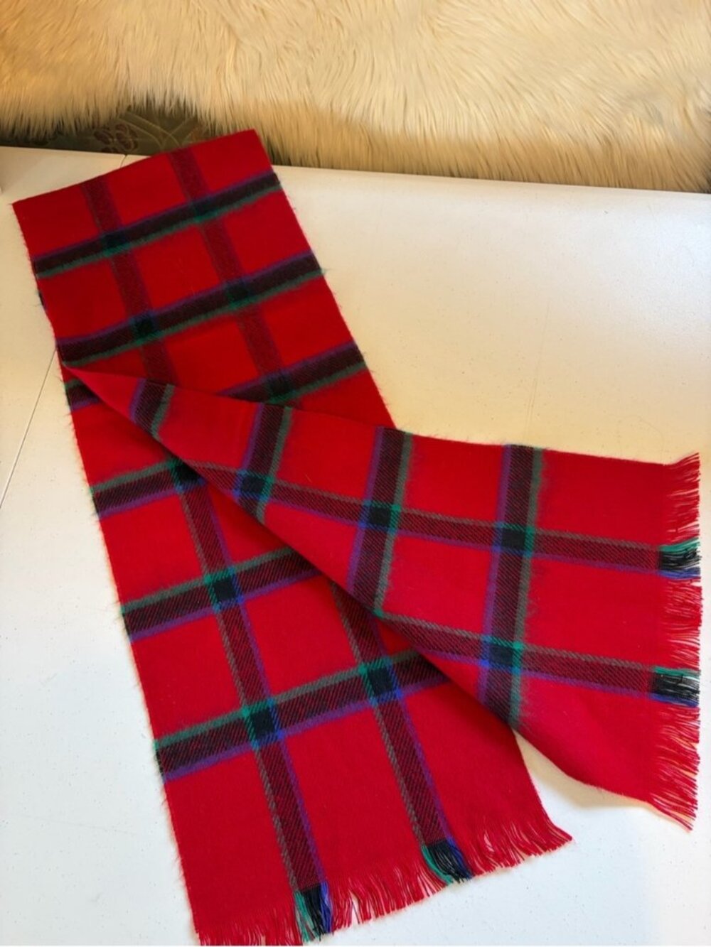 Vintage Red Plaid Tartan Scarf Fringe Winter Wool Blend Classic Christmas Unisex